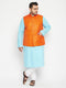 Vastramay Plus Size Men's Aqua Blue Kurta And White Pyjama With Nehru Jacket Set